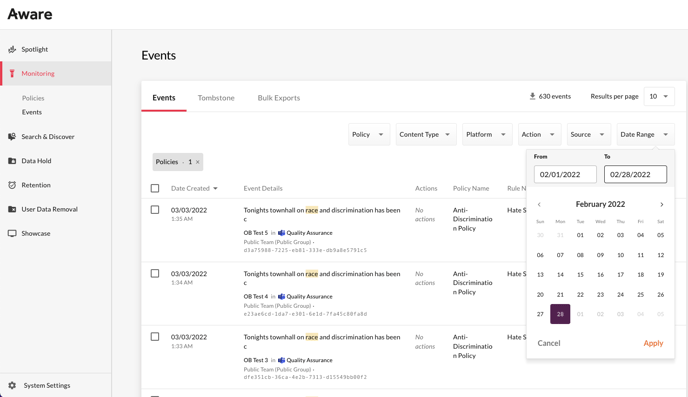 Export Events by Date Range