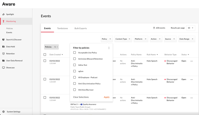 Export Events by Policy